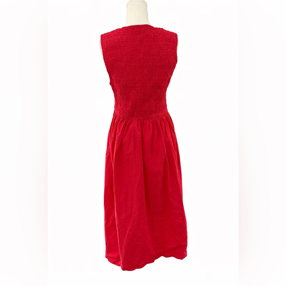GANNI Red Smocked Sweetheart Midi Dress Size 44 L XL - Picture 3 of 7